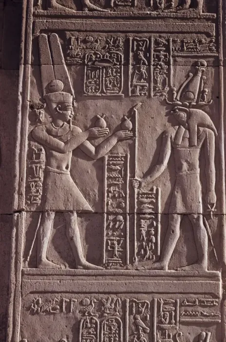 Framed Print : Ptolemaic low relief of the hawk-headed god Horus presented with offerings Framed Print : Ptolemaic low relief of the hawk-headed god Horus presented with offerings