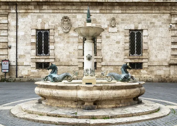 Framed Print : Public drinking water fountain with bronze seahorses on the Piazza Arringo, Ascoli Piceno, Marche, Italy Framed Print : Public drinking water fountain with bronze seahorses on the Piazza Arringo, Ascoli Piceno, Marche, Italy