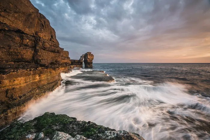 Framed Print : Pulpit Rock at sunset with waves at Portland Bill Lighthouse, Portland, Dorset, UK Framed Print : Pulpit Rock at sunset with waves at Portland Bill Lighthouse, Portland, Dorset, UK
