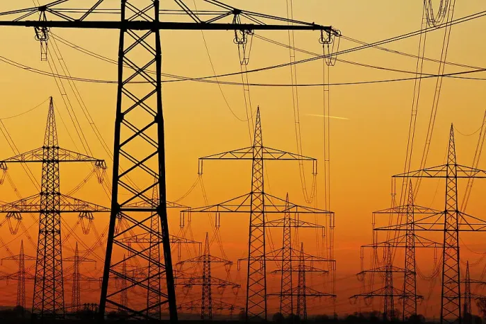 Framed Print : Pylons and power lines in morning light, Germany, Europe Framed Print : Pylons and power lines in morning light, Germany, Europe