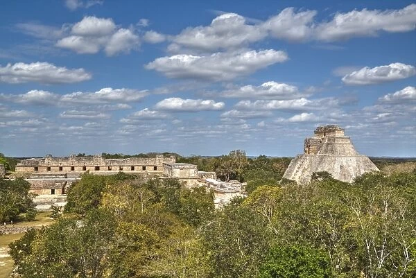 Pyramid of the Magician on right, and Nuns Quadrangle to the left, Uxmal, Mayan