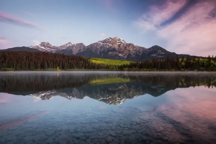 Framed Print : Pyramid Mountain reflected in Patricia Lake in autumn at sunrise, Jasper National Park Framed Print : Pyramid Mountain reflected in Patricia Lake in autumn at sunrise, Jasper National Park