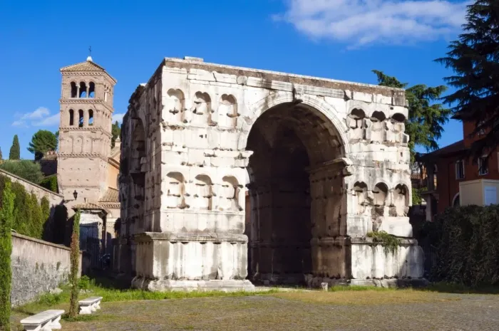 Framed Print : Quadrifrons triumphal arch of Janus, Belltower of San Giorgio in Velabros church Framed Print : Quadrifrons triumphal arch of Janus, Belltower of San Giorgio in Velabros church