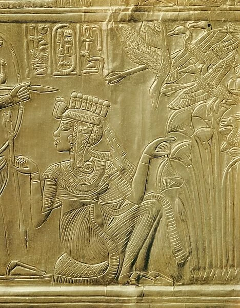 Detail of queen Ankhesenamun on the gilded shrine, from the tomb of the pharoah Tutankhamun