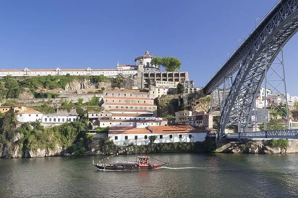 Rabelos boat on Douro River, Serra do Pilar Monstery, Ponte Dom Luis I Bridge, UNESCO