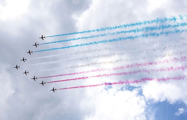 RAF Red Arrows flypast during 2022 Trooping the Colour celebrations, marking the Queen's official birthday and her 70 year Jubilee, London, England, United Kingdom, Europe