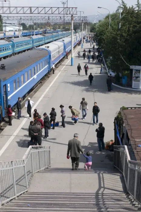 Framed Print : Railway station with passengers and trains, Almaty, Kazakhstan, Central Asia, Asia