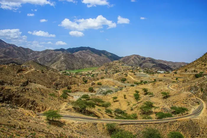 Framed Print : Railway track snaking through the mountains along the road from Massawa to Asmara, Eritrea, Africa Framed Print : Railway track snaking through the mountains along the road from Massawa to Asmara, Eritrea, Africa