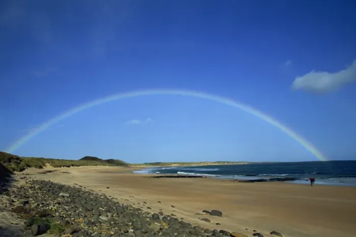 Framed Print : Rainbow over Embleton Bay, Northumbria, England, United Kingdom, Europe