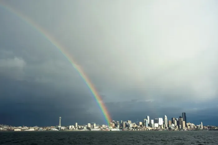 Framed Print : A rainbow lands on a Washington State Ferry in the Puget Sound with the Seattle skyline in the background, Seattle, Washington, United States of America, North America Framed Print : A rainbow lands on a Washington State Ferry in the Puget Sound with the Seattle skyline in the background, Seattle, Washington, United States of America, North America