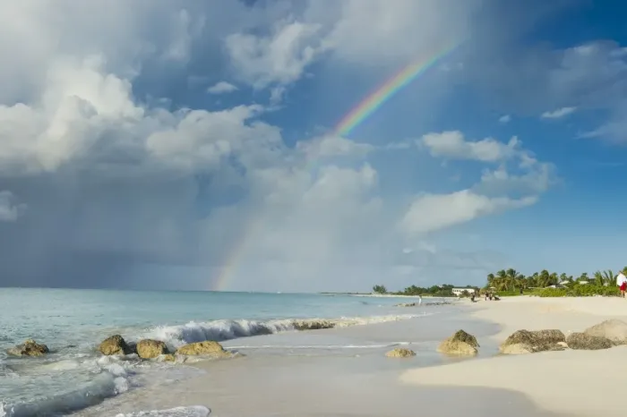 Framed Print : Rainbow over world famous Grace Bay beach, Providenciales, Turks and Caicos, Caribbean Framed Print : Rainbow over world famous Grace Bay beach, Providenciales, Turks and Caicos, Caribbean