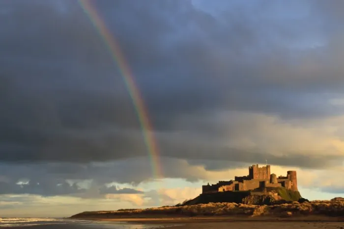 Framed Print : Rainbows end at Bamburgh Castle, Bamburgh, Northumberland, England, United Kingdom, Europe Framed Print : Rainbows end at Bamburgh Castle, Bamburgh, Northumberland, England, United Kingdom, Europe