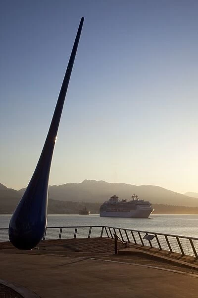 The Raindrop sculpture and cruise ship in early morning light, Waterfront near the Convention Centre and Canada Place, Vancouver, British Columbia, Canada
