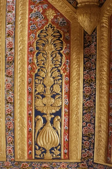 Framed Print : Raised gilded plaster work on painted wall