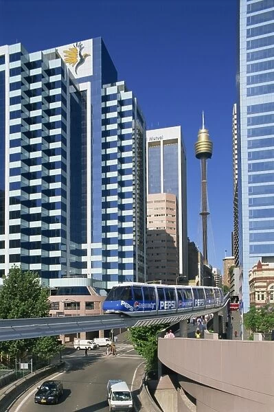 Raised mono rail track running through Darling Harbour, Sydney, New South Wales