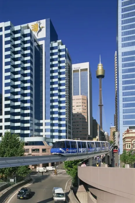 Framed Print : Raised mono rail track running through Darling Harbour, Sydney, New South Wales