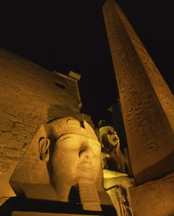 Framed Print : Ramses II and the Obelisk at Luxor Temple, illuminated at night, Luxor Framed Print : Ramses II and the Obelisk at Luxor Temple, illuminated at night, Luxor