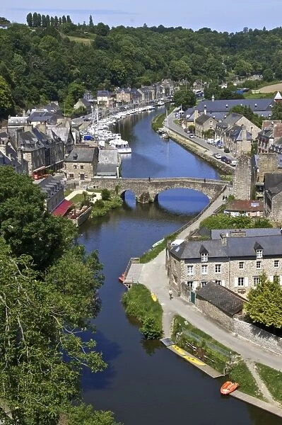 Rance River valley and Dinan harbour with the Stone Bridge, Dinan, Brittany, France, Europe