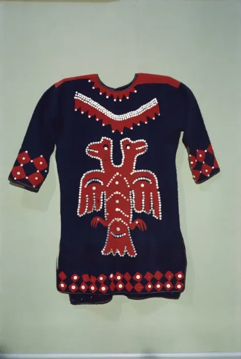 Framed Print : Raven clan design on Tlingit tunic from Angoon, Alaska, exhibited in the Portland Museum Framed Print : Raven clan design on Tlingit tunic from Angoon, Alaska, exhibited in the Portland Museum