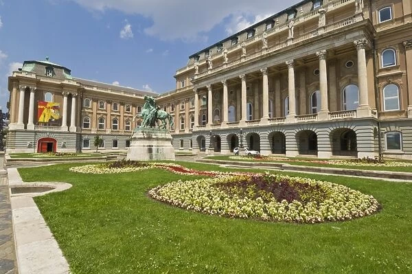 Rear entrance to the Hungarian National Gallery with equestrian statue