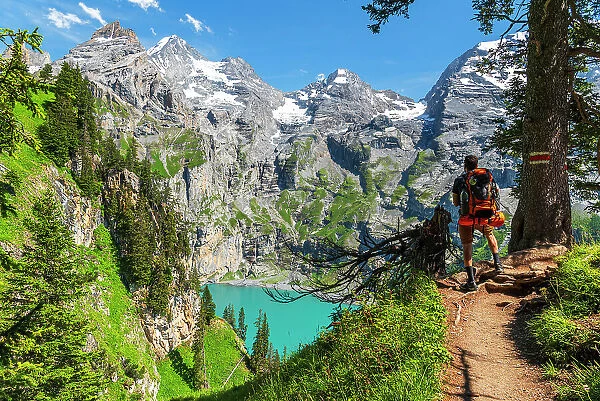 Rear view of a hiker standing on the trail in the wood surrounding Oeschinensee lake, Oeschinensee, Kandersteg, Bern Canton, Switzerland, Europe