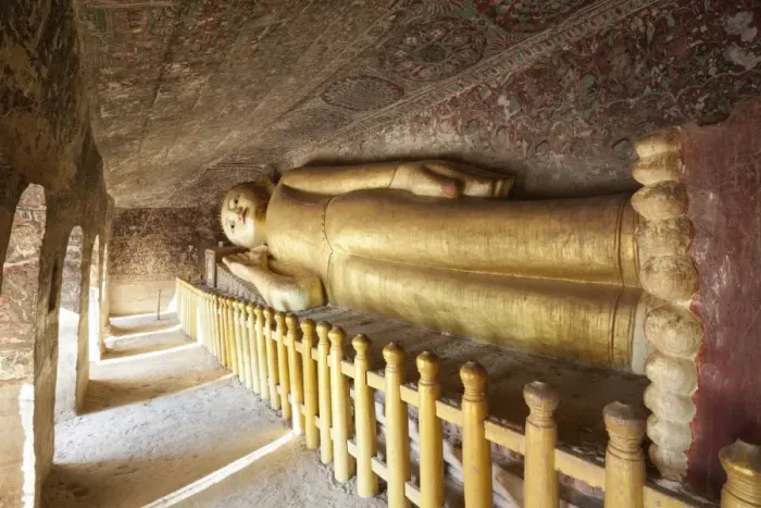 Framed Print : Reclining Buddha and murals in carved out cave, Hpo Win Daung (Buddha cave-niche complex), near Monywa, Monywa Region, Myanmar (Burma), Asia