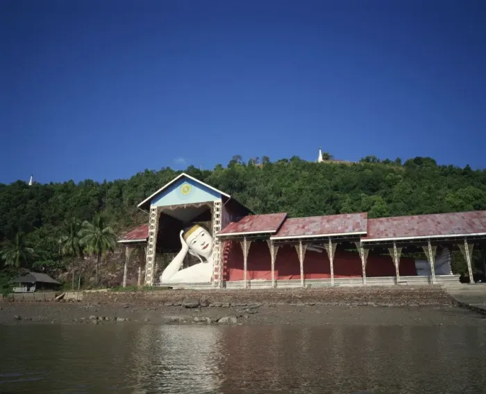 Framed Print : The reclining Shwe Tha Lyaung Buddha, at 44m long one of Myanmars largest Framed Print : The reclining Shwe Tha Lyaung Buddha, at 44m long one of Myanmars largest