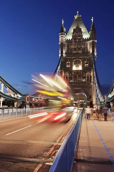 Red bus on Tower Bridge, London, England, United Kingdom, Europe