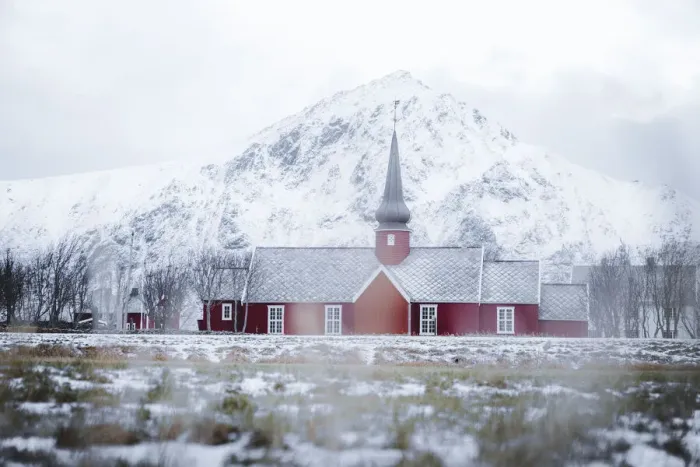 Framed Print : Red church of Flakstad in winter fog, Flakstad, Nordland county, Lofoten Islands, Norway, Scandinavia, Europe Framed Print : Red church of Flakstad in winter fog, Flakstad, Nordland county, Lofoten Islands, Norway, Scandinavia, Europe