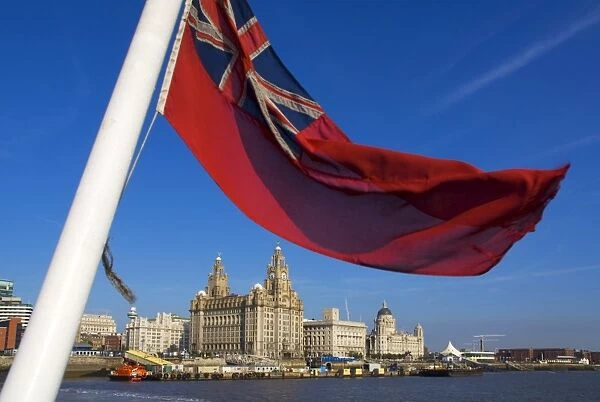 Red Ensign, River Mersey and Three Graces, Liverpool, Merseyside, England