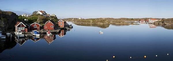 Red fishermens huts and islands in archipelago, Stocken, Orust, Bohuslan Coast, Southwest Sweden