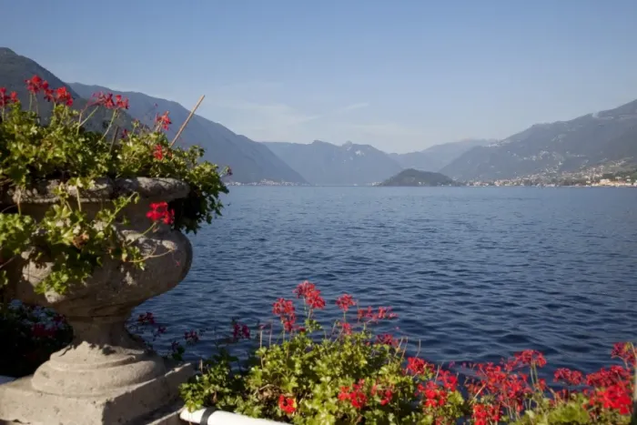 Framed Print : Red geraniums and lake, Bellagio, Lake Como, Lombardy, Italian Lakes, Italy, Europe Framed Print : Red geraniums and lake, Bellagio, Lake Como, Lombardy, Italian Lakes, Italy, Europe