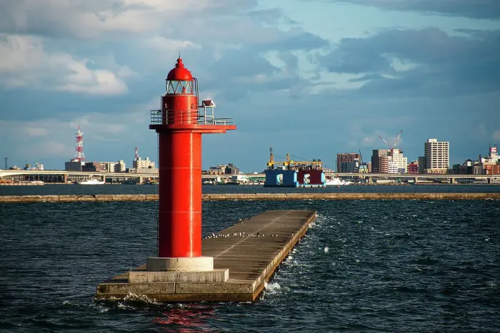 Framed Print : Red lighthouse in front of the harbor of Hakodate, Hokkaido, Japan, Asia