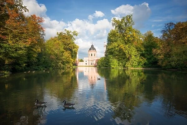 Red Mosque and reflections in autumn, Schwetzingen, Baden-Wurttemberg, Germany, Europe