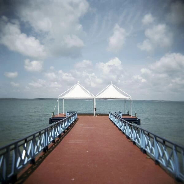 Red pier and the Caribbean sea, Cienfuegos, Cuba, West Indies, Central America