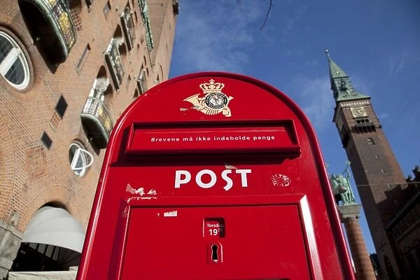 Red post box, City Hall Square, Copenhagen, Denmark, Scandinavia, Europe