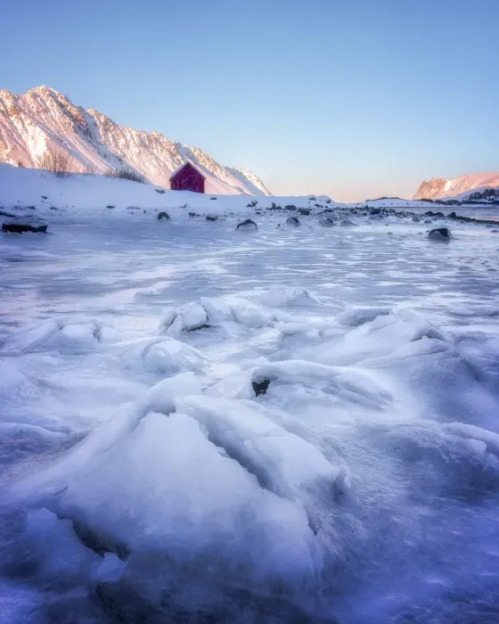 Framed Print : Red rorbuer hut set against a frozen lake, Lofoten Islands, Nordland, Norway, Europe Framed Print : Red rorbuer hut set against a frozen lake, Lofoten Islands, Nordland, Norway, Europe