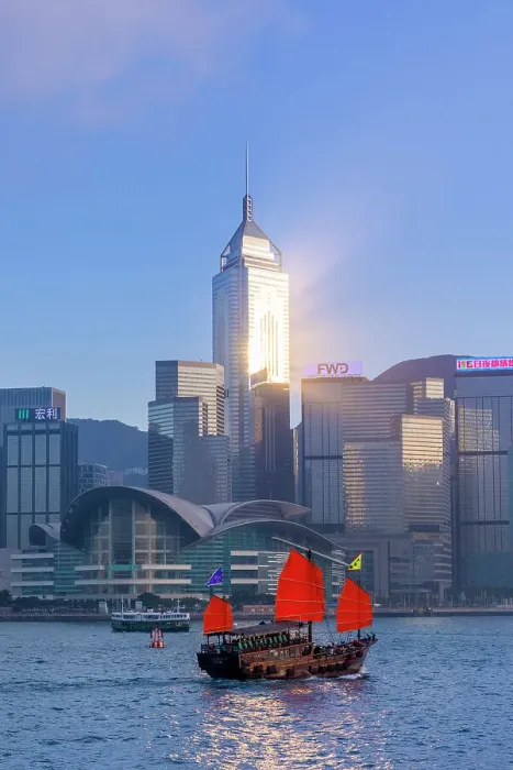 Framed Print : A Red Sail Junk in Hong Kong Harbour, Hong Kong, Special Administrative Region of the People's Republic of China, China, Asia