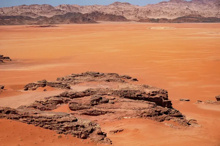 Framed Print : Red sand and rocks in the Wadi Rum desert, Jordan, Middle East