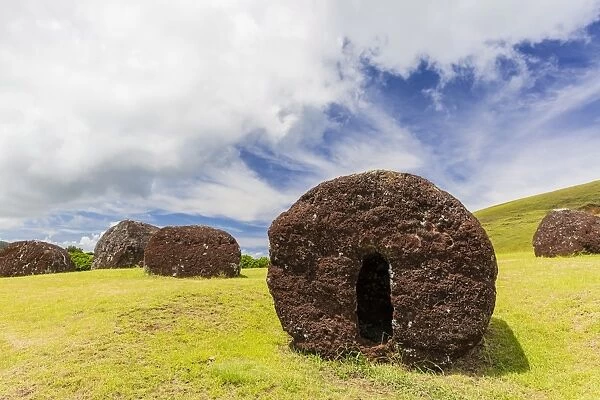 The red scoria quarry at Puna Pau, a cinder cone on the outskirts of Hanga Roa, Rapa Nui National Park, UNESCO World Heritage Site, Easter Island (Isla de Pascua), Chile, South America