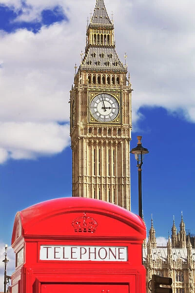Red telephone box and Big Ben, Westminster, UNESCO World Heritage Site