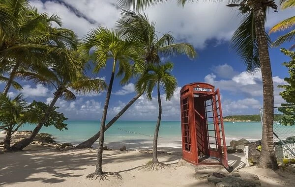 A red telephone box lies abandoned under coconut trees that surround Dickenson Bay