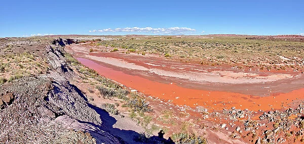 The red water of Lithodendron Wash in Petrified Forest National Park Arizona. The red color is from the bentonite clay