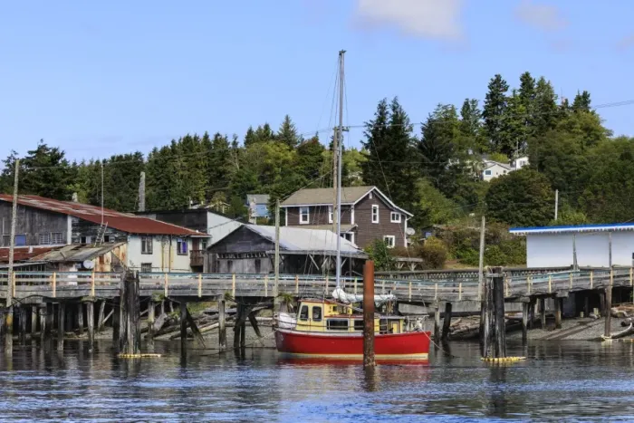 Framed Print : Red yacht, old dock buildings and jetty, Alert Bay, Cormorant Island, Vancouver Island Framed Print : Red yacht, old dock buildings and jetty, Alert Bay, Cormorant Island, Vancouver Island