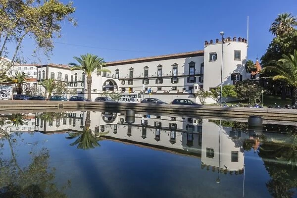 Reflected view of the Palacio de Sao Lourenco in the heart of the city of Funchal, Madeira, Portugal, Europe