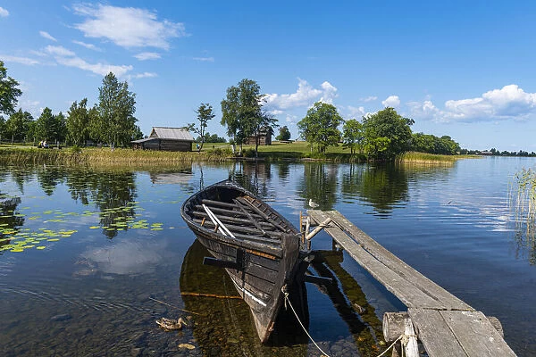 Reflecting waters in a little bay, Kizhi Island, Karelia, Russia, Europe