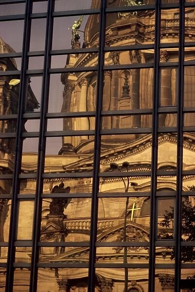Reflection of Berlin Cathedral in the Volkskammer in Berlin