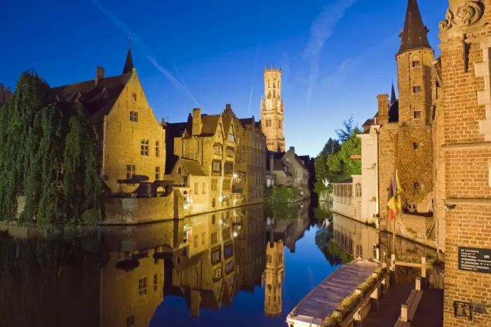 Framed Print : Reflection in canal of Belfort (belfry tower) illuminated at night, Old Town Framed Print : Reflection in canal of Belfort (belfry tower) illuminated at night, Old Town