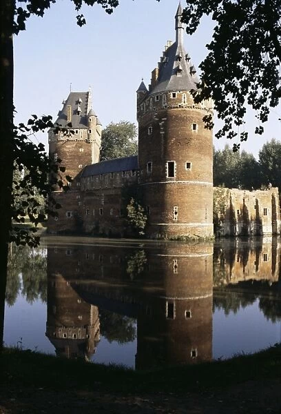 Reflection of castle in the moat, Beersel, Belgium, Europe