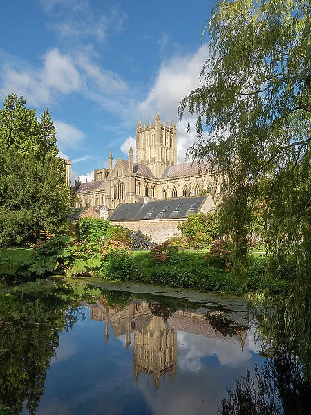 Reflection of the Cathedral in the Moat, The Bishop's Palace, Wells, Somerset, England, United Kingdom, Europe